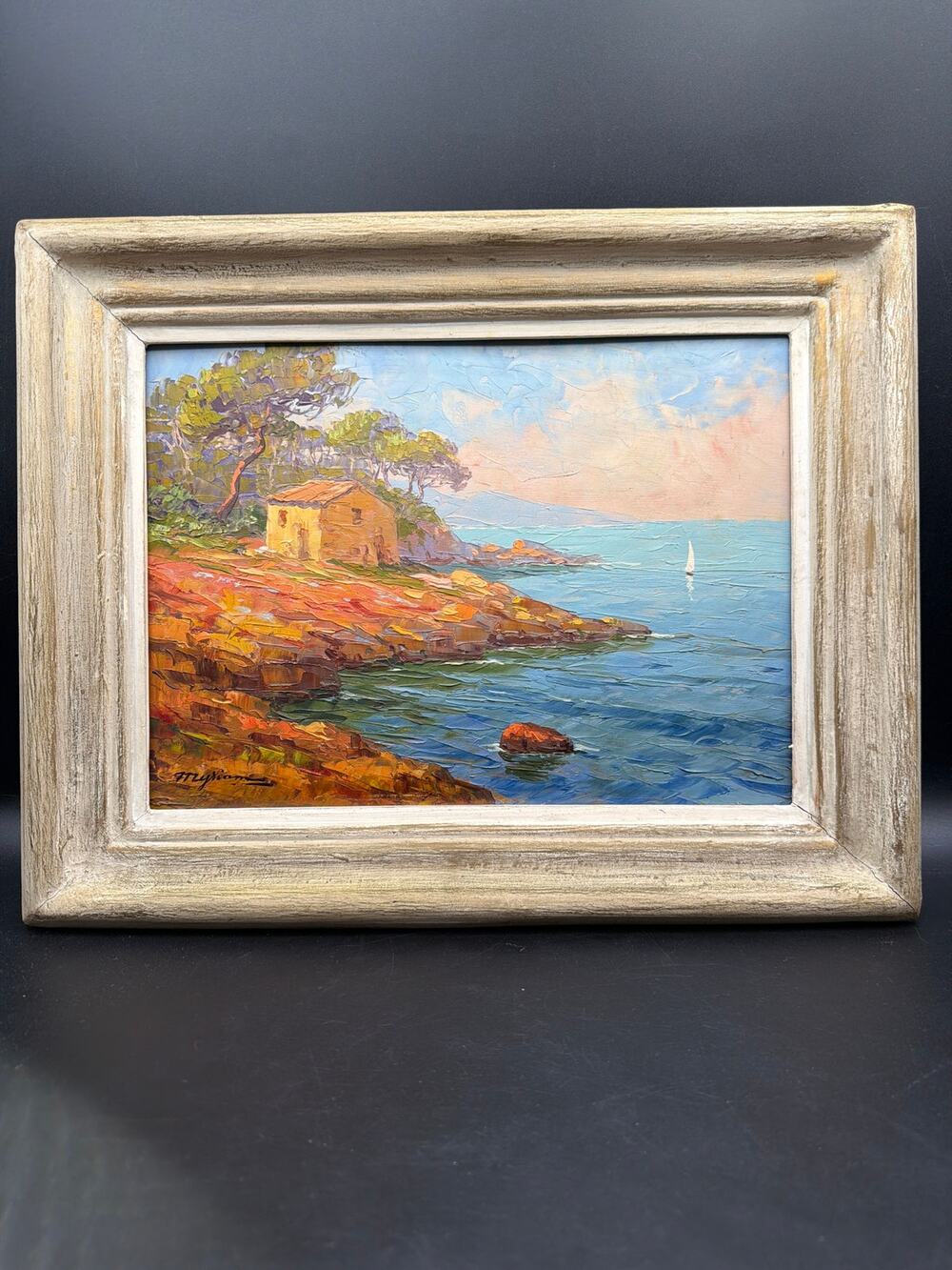 Vintage Signed Impasto Oil Painting Italian Coastal Landscape Framed Seascape